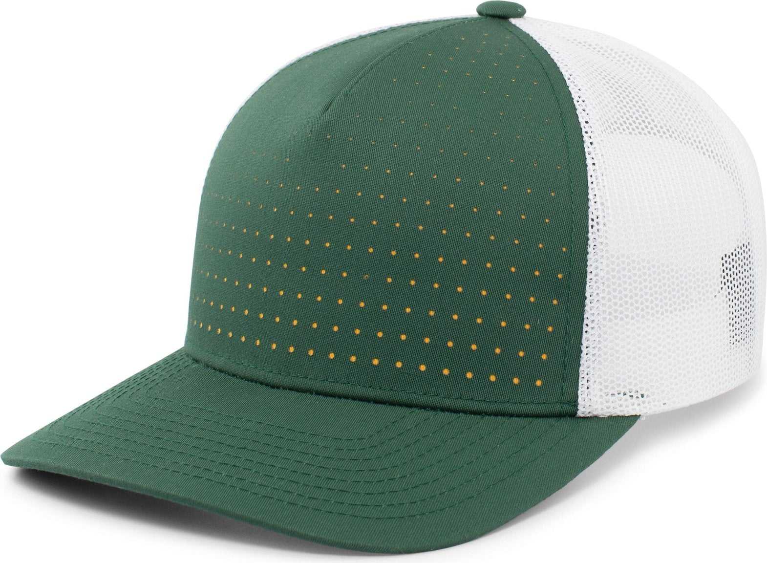 Pacific Headwear 105P Perforated 5 Panel Trucker Snapback Cap - Dark Green White Gold - HIT a Double