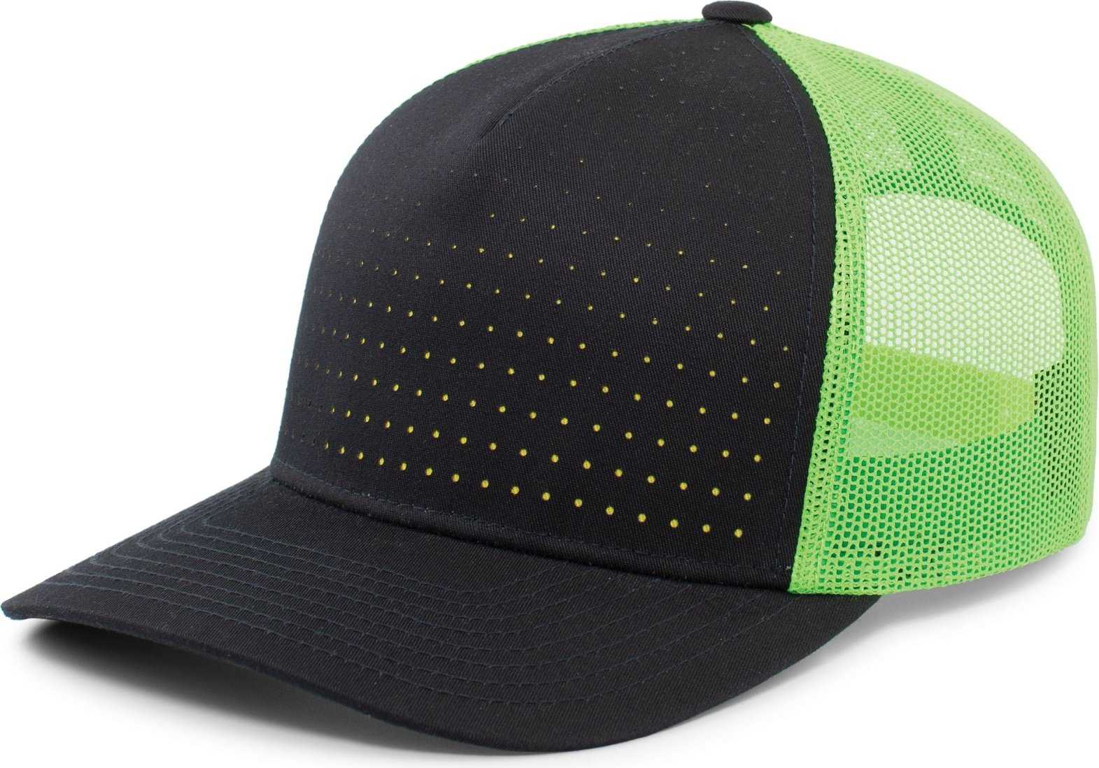 Pacific Headwear 105P Perforated 5 Panel Trucker Snapback Cap - Navy Neon Green Navy - HIT a Double