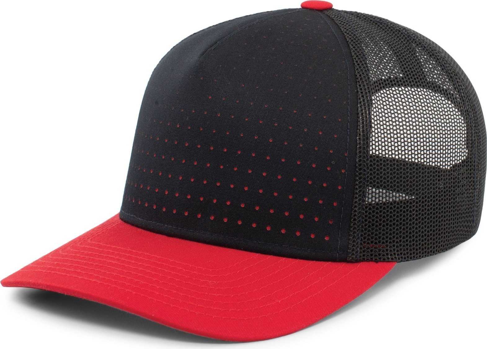 Pacific Headwear 105P Perforated 5 Panel Trucker Snapback Cap - Navy Red - HIT a Double