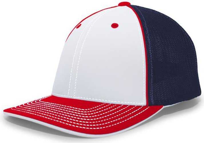 Pacific Headwear 404F Trucker Flexfit Cap - White Navy Red - HIT a Double
