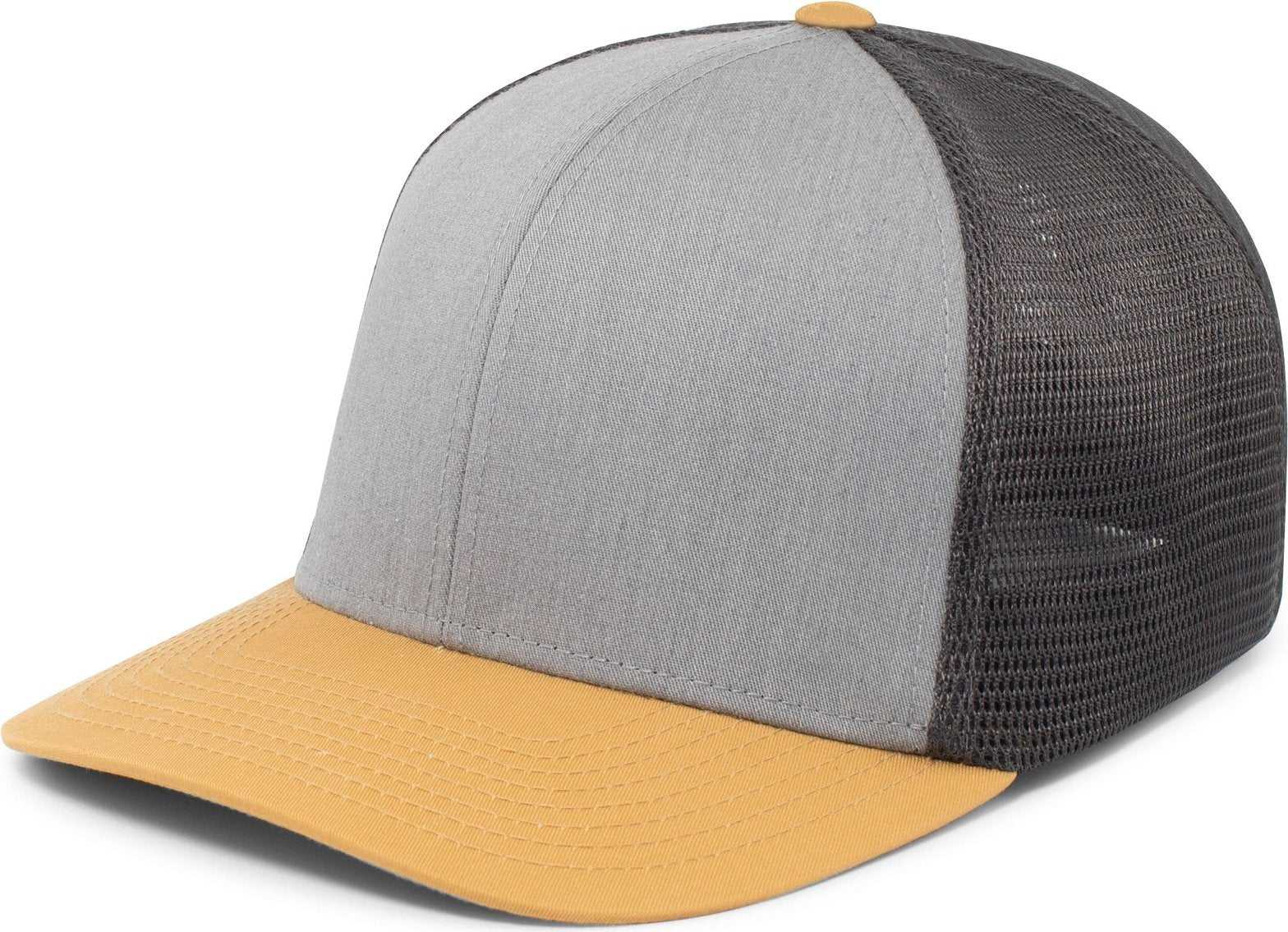 Pacific Headwear P401 Fusion Trucker Cap - Heather Grey Lt Charcoal Amber Gold - HIT a Double