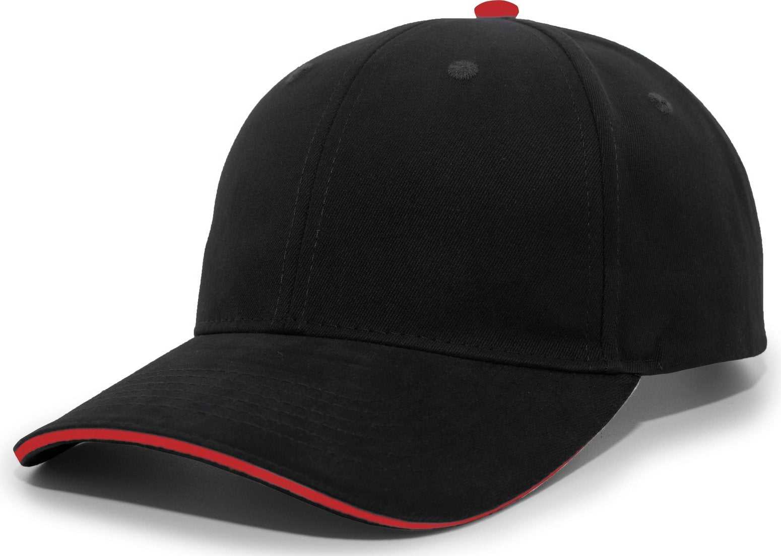 Pacific Headwear 121C Brushed Cotton Sandwich Visor Hook-and-Loop Cap - Black Red - HIT a Double