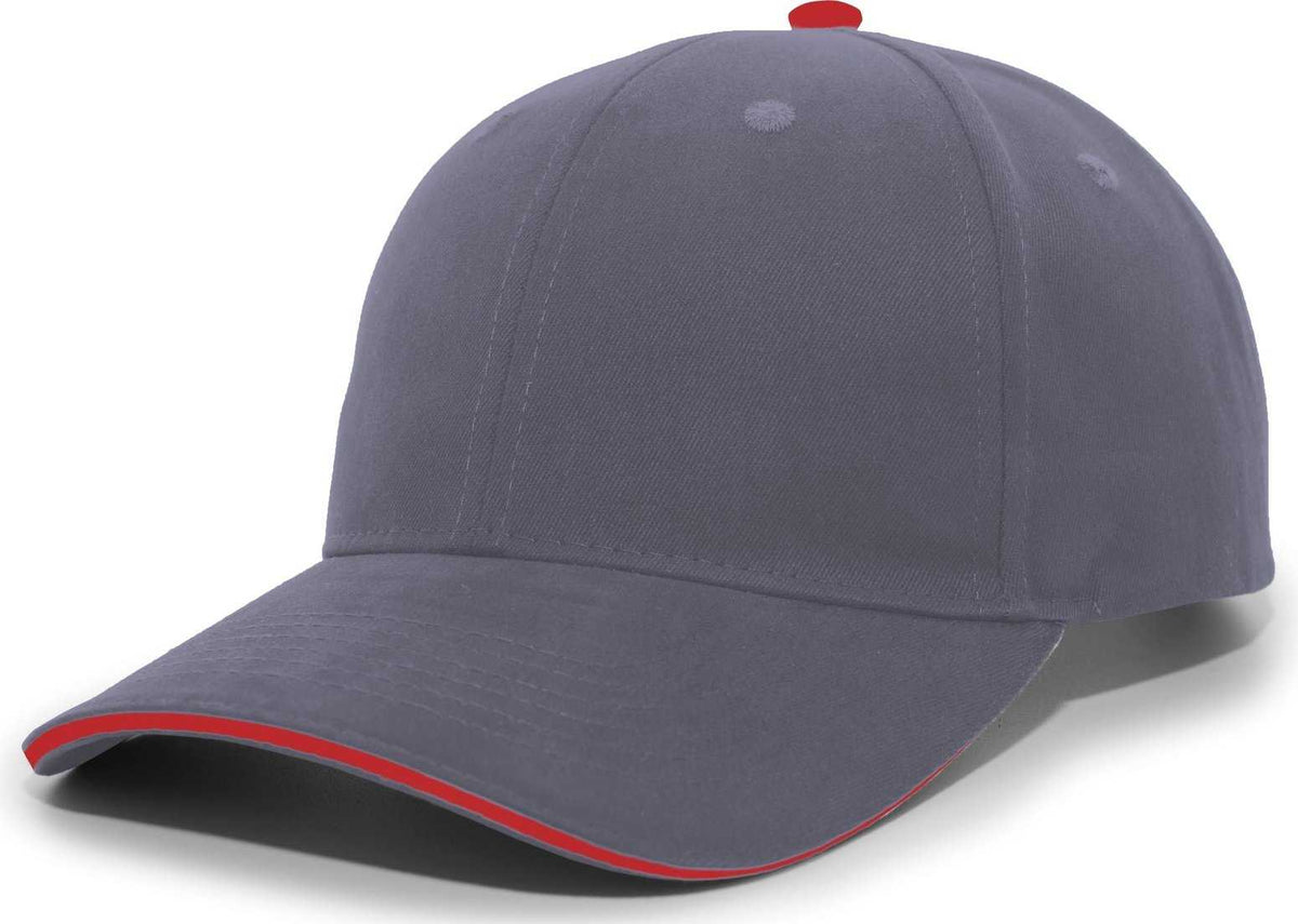 Pacific Headwear 121C Brushed Cotton Sandwich Visor Hook-and-Loop Cap - Graphite Red - HIT a Double
