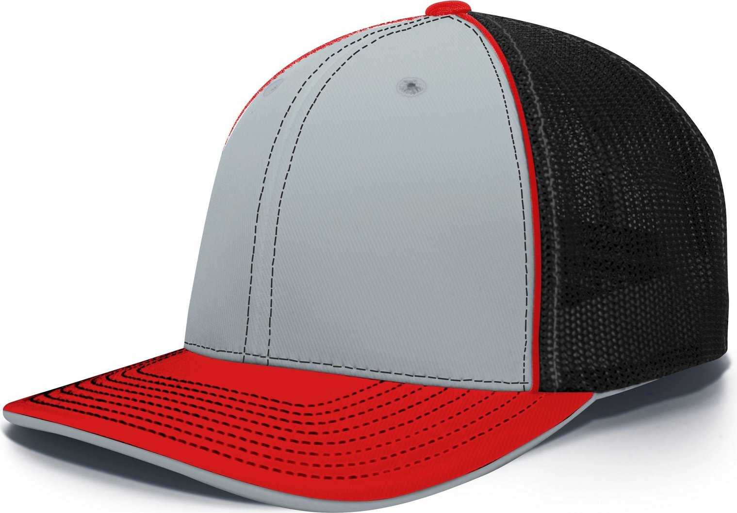 Pacific Headwear 404M Trucker Flexfit Cap - Silver Black Red - HIT a Double