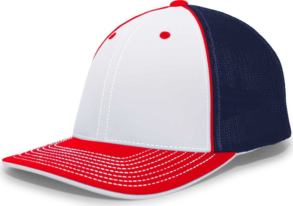 Pacific Headwear 404M Trucker Flexfit Cap - White Red Navy - HIT a Double