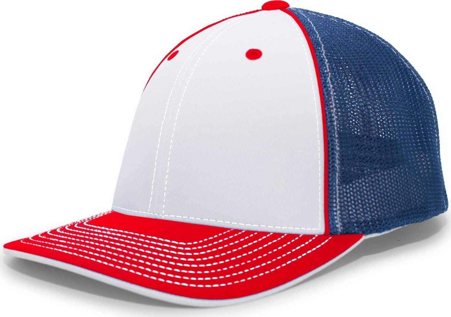 Pacific Headwear 404M Trucker Flexfit Cap - White Red Royal - HIT a Double