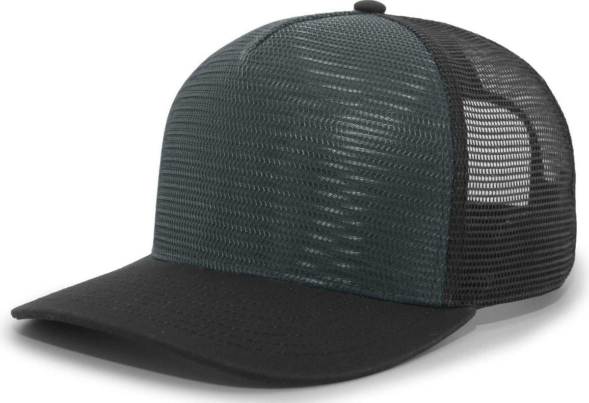 Pacific Headwear 724 Mesh Overlay 5-Panel Trucker Snapback Cap - Black Dark Green - HIT a Double