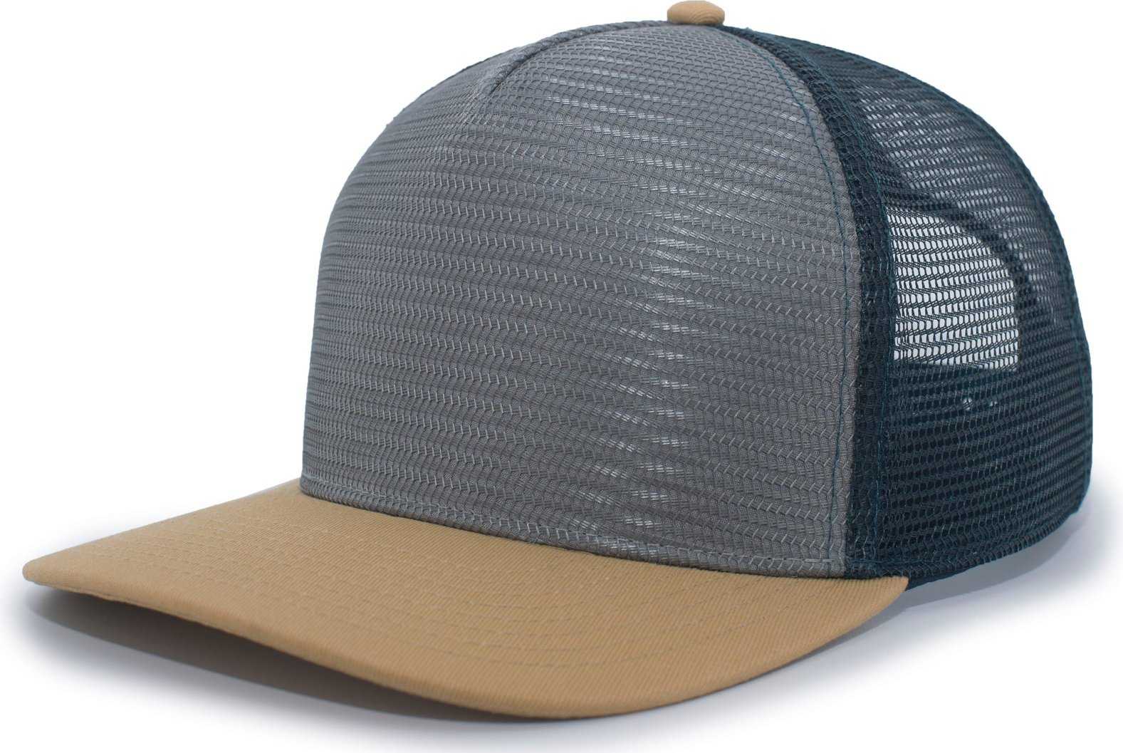 Pacific Headwear 724 Mesh Overlay 5-Panel Trucker Snapback Cap - Gold Gray Slate Blue - HIT a Double
