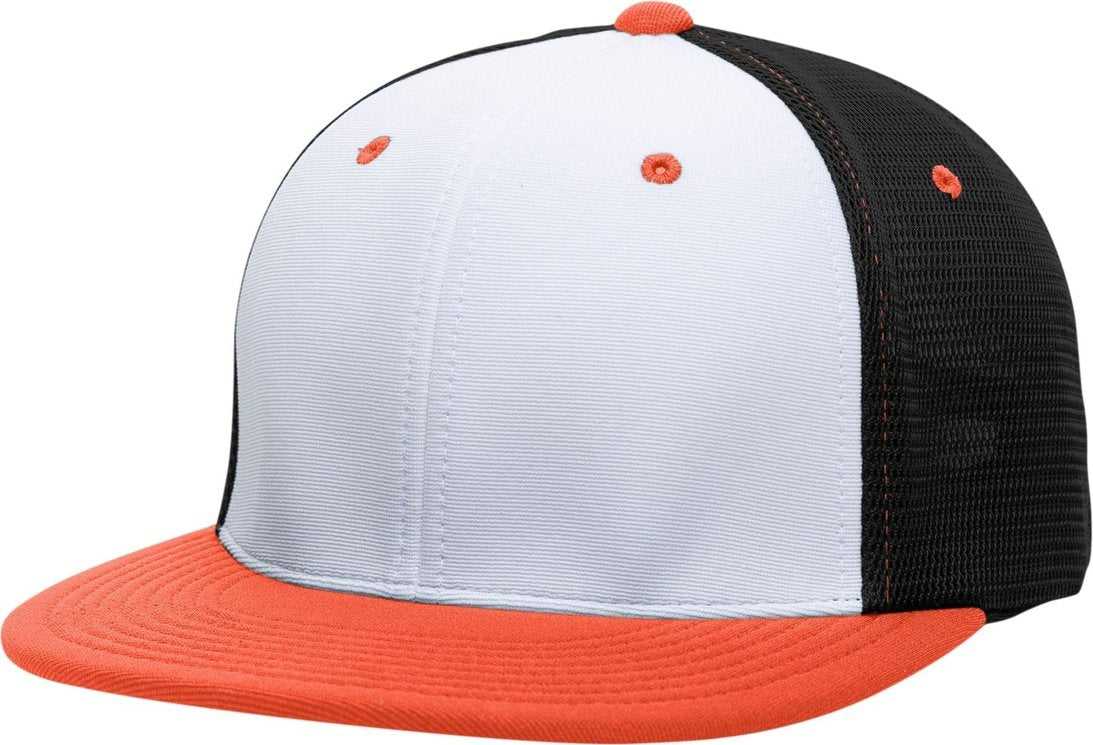 Pacific Headwear ES341 Premium M2 Performance Trucker Flexfit Cap - White Black Orange - HIT a Double