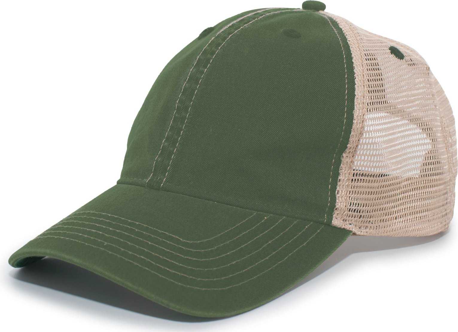 Pacific Headwear V37 Broken-In Trucker Mesh Snapback Cap - Dark Green Tan - HIT a Double
