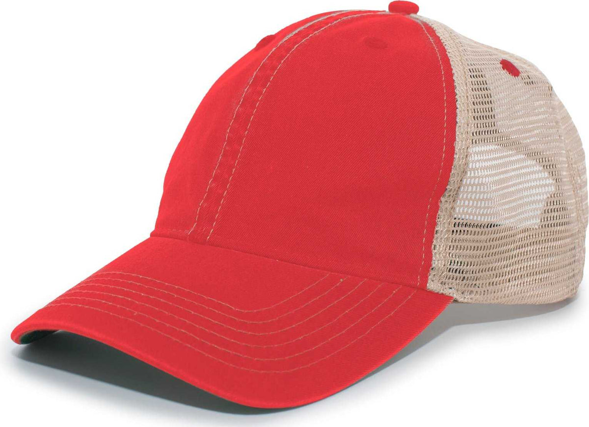 Pacific Headwear V37 Broken-In Trucker Mesh Snapback Cap - Red Tan - HIT a Double