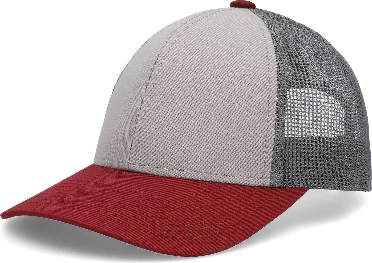 Pacific P114 Low-Pro Trucker Cap - Heather Grey Light Charcoal Varsity Red - HIT a Double