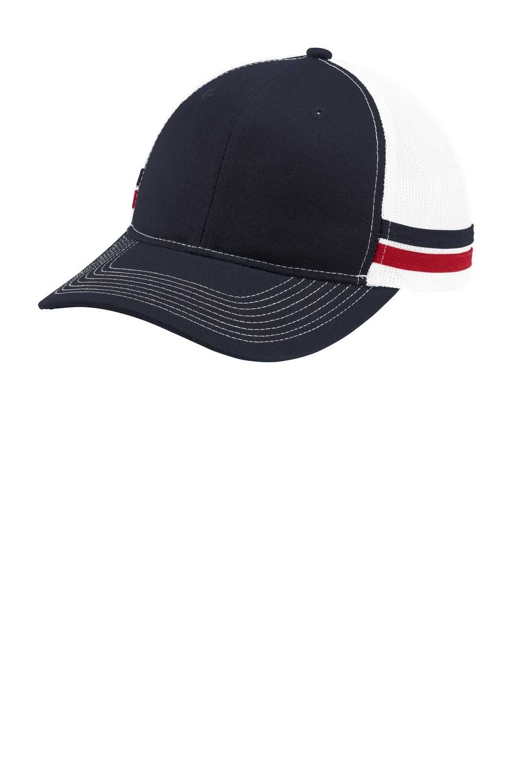 Port Authority C113 Two-Stripe Snapback Trucker Cap - Rich Navy Flame Red White - HIT a Double - 1