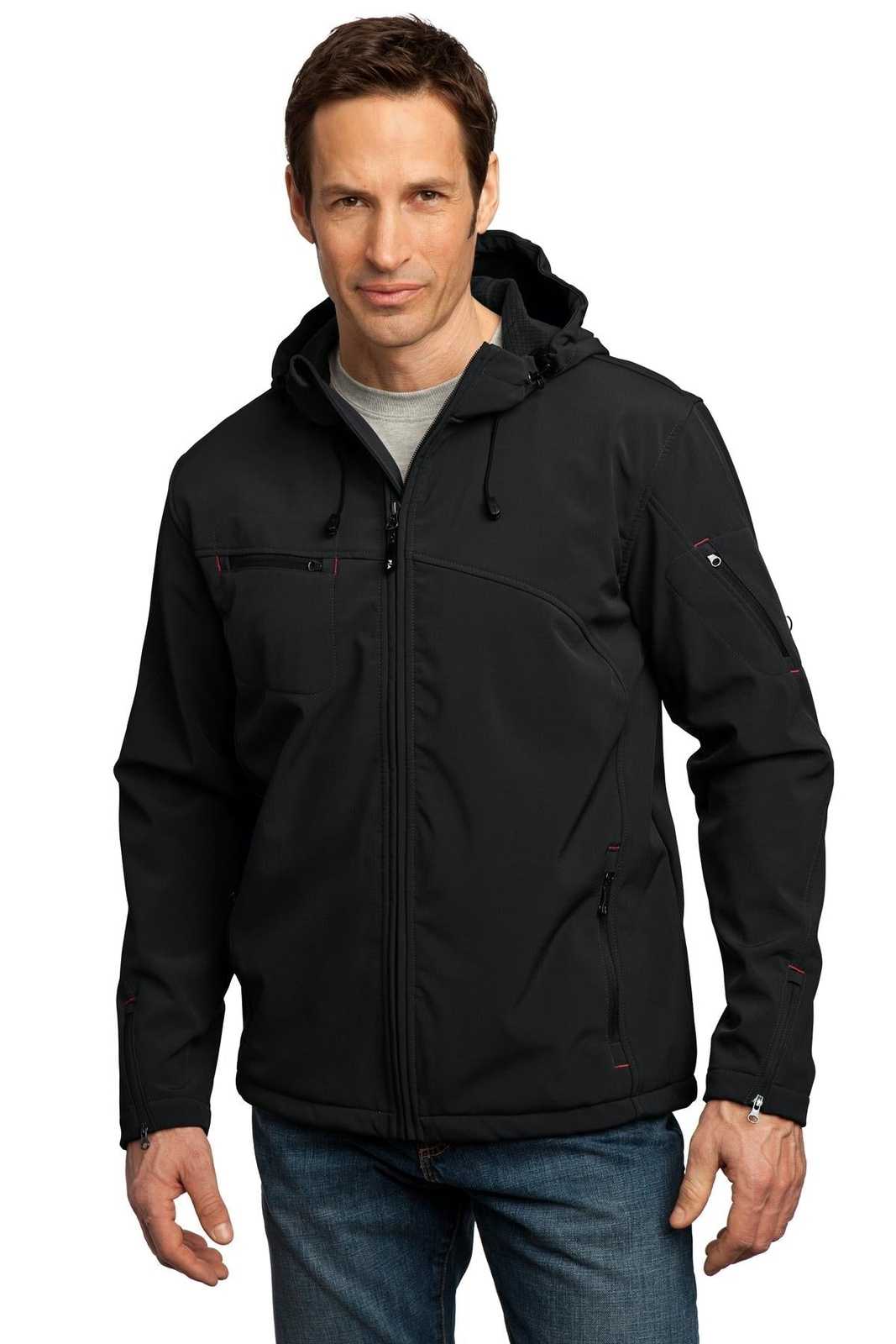 Port Authority J706 Textured Hooded Soft Shell Jacket - Black Engine Red - HIT a Double - 1