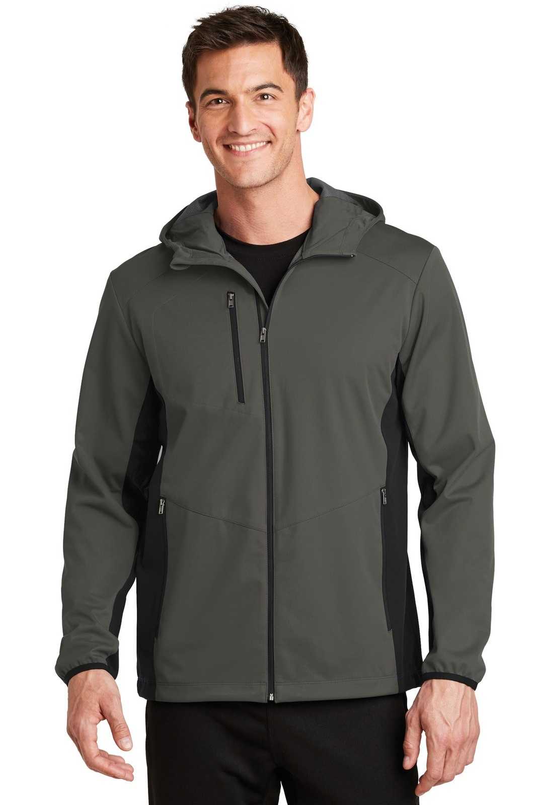 Port Authority J719 Active Hooded Soft Shell Jacket - Gray Steel Deep Black - HIT a Double - 1