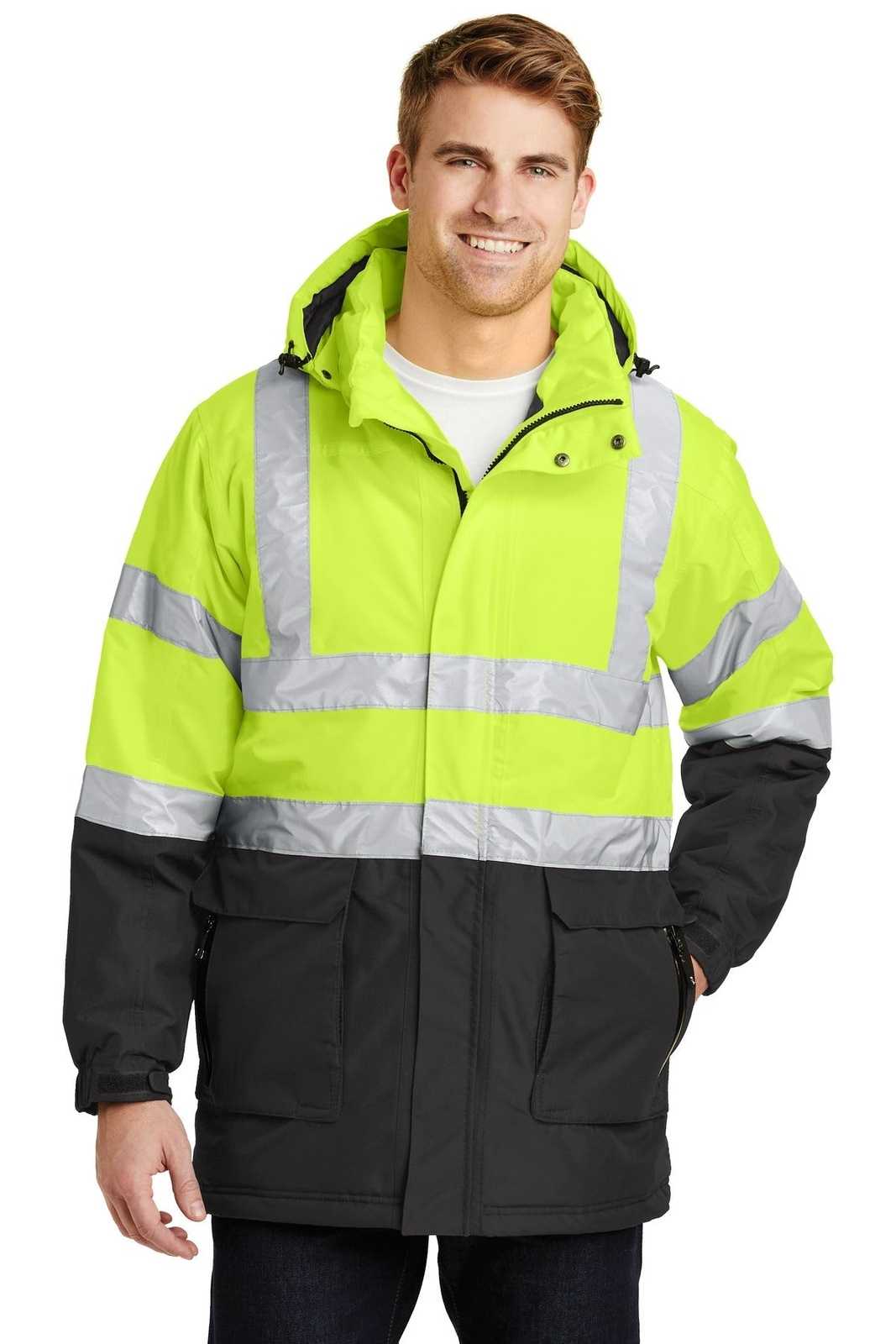 Port Authority J799S ANSI 107 Class 3 Safety Heavyweight Parka - Safety Yellow Black Reflective - HIT a Double - 1