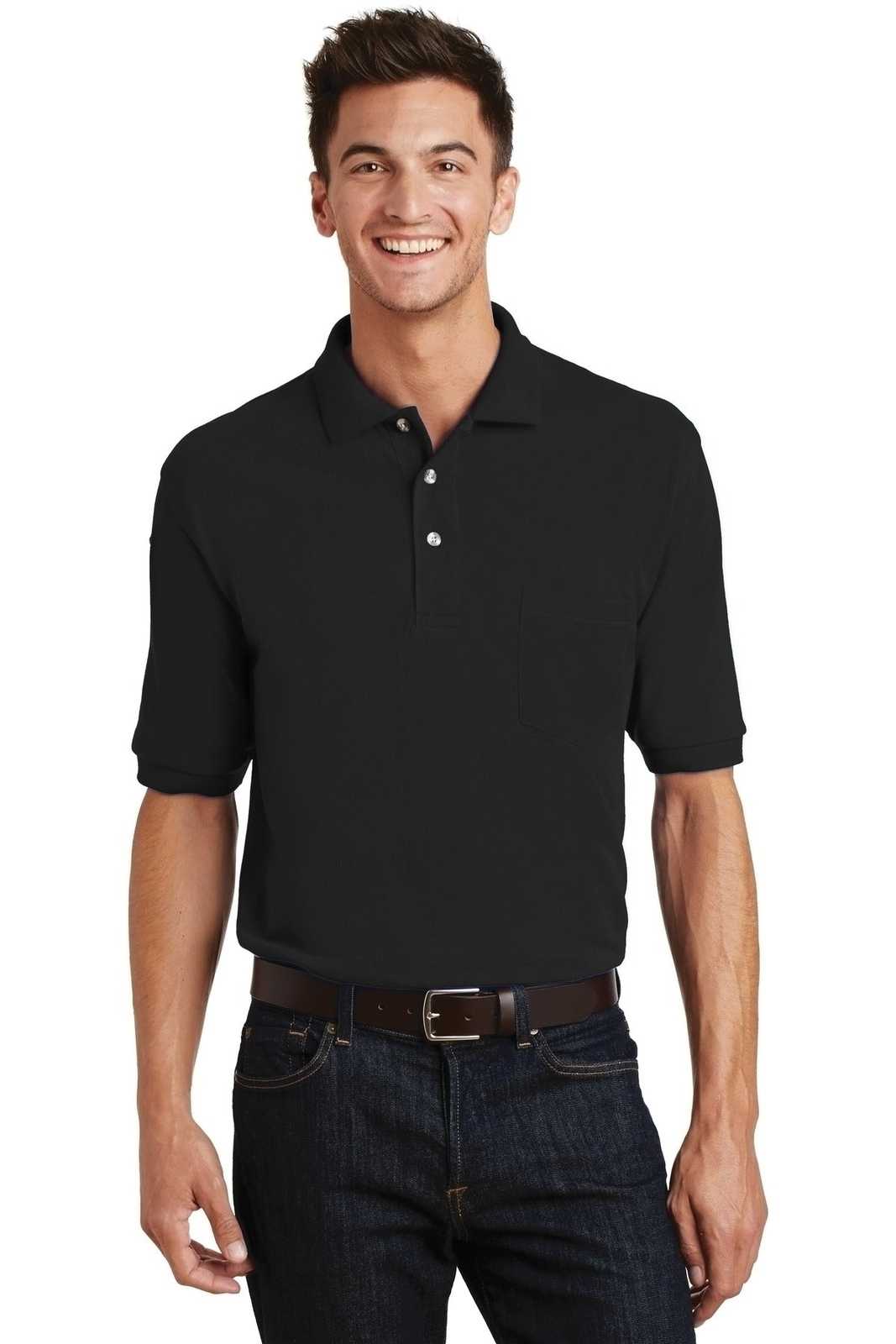 Port Authority K420P Heavyweight Cotton Pique Polo with Pocket - Black - HIT a Double - 1