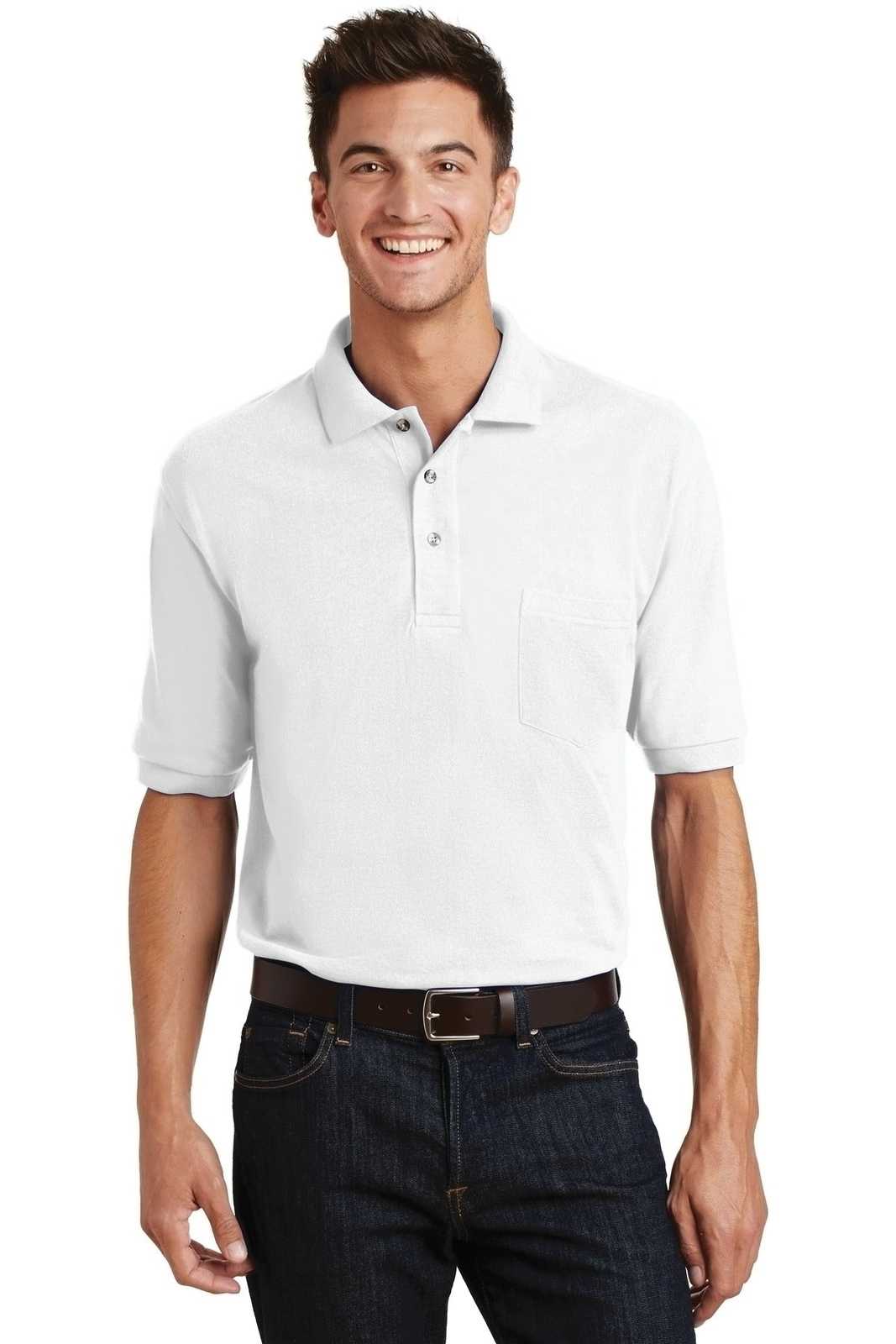 Port Authority K420P Heavyweight Cotton Pique Polo with Pocket - White - HIT a Double - 1
