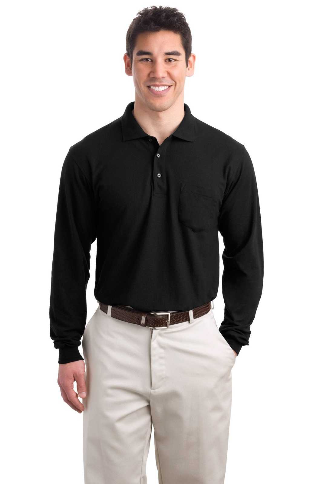 Port Authority K500LSP Long Sleeve Silk Touch Polo with Pocket - Black - HIT a Double - 1