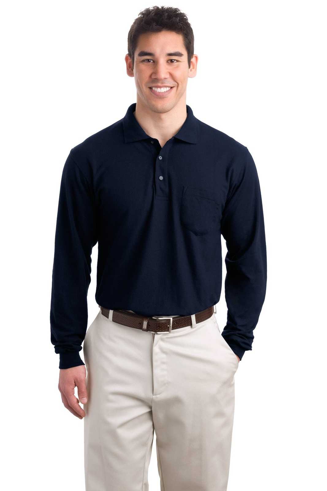 Port Authority K500LSP Long Sleeve Silk Touch Polo with Pocket - Navy - HIT a Double - 1