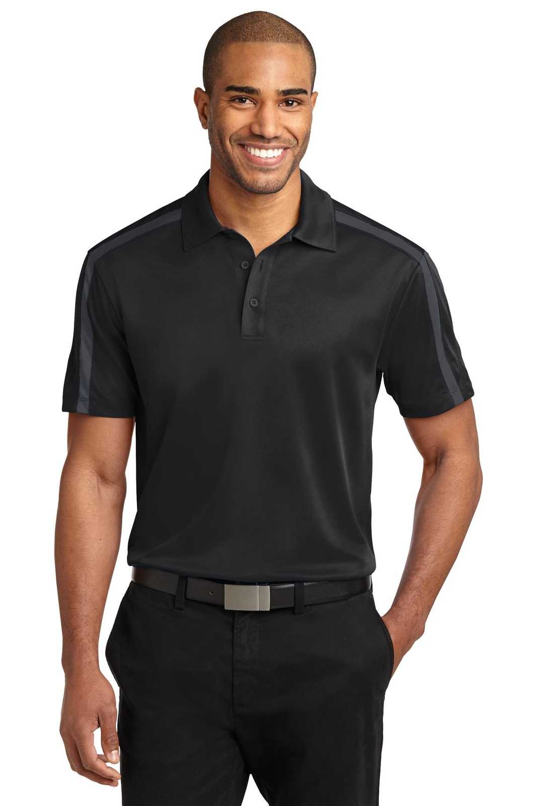 Port Authority K547 Silk Touch Performance Colorblock Stripe Polo - Black Steel Gray - HIT a Double - 1