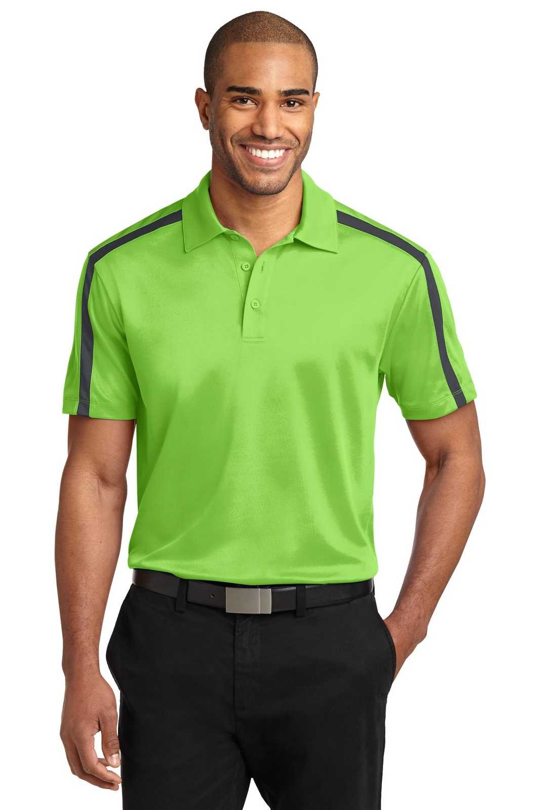 Port Authority K547 Silk Touch Performance Colorblock Stripe Polo - Lime Steel Gray - HIT a Double - 1