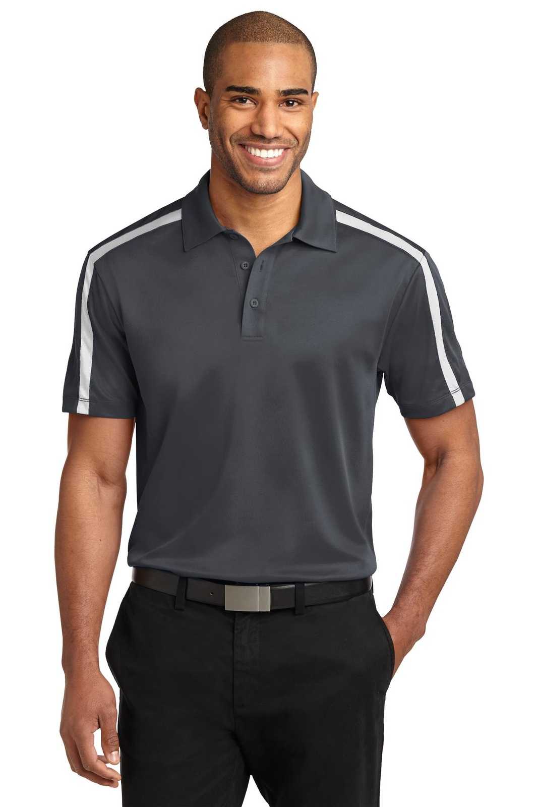 Port Authority K547 Silk Touch Performance Colorblock Stripe Polo - Steel Gray White - HIT a Double - 1