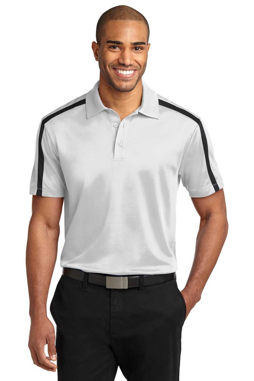 Port Authority K547 Silk Touch Performance Colorblock Stripe Polo - White Black - HIT a Double - 1