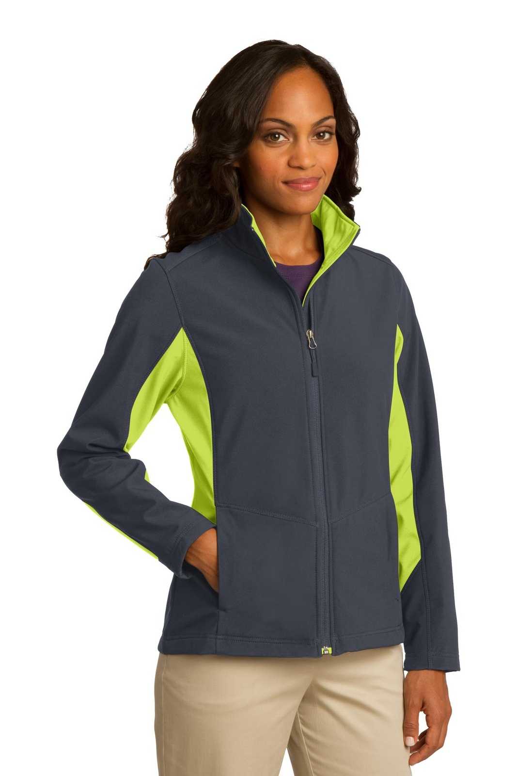 Port Authority L318 Ladies Core Colorblock Soft Shell Jacket - Battleship Gray Charge Green - HIT a Double - 4