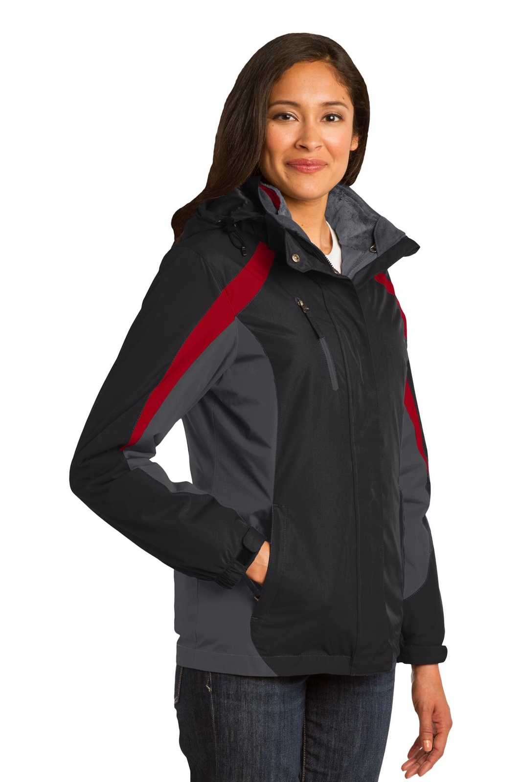 Port Authority L321 Ladies Colorblock 3-in-1 Jacket - Black Magnet Signal Red - HIT a Double - 4