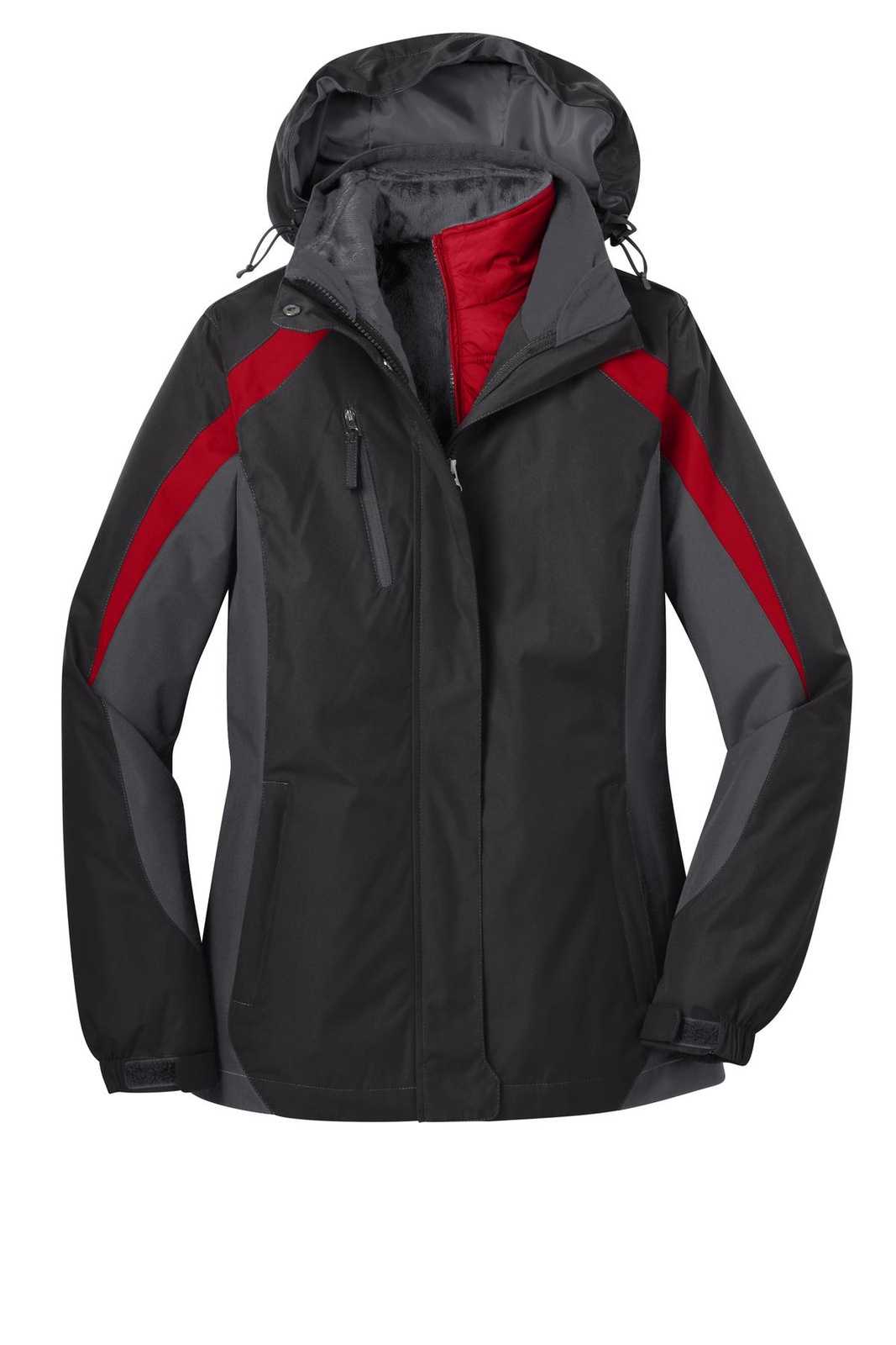 Port Authority L321 Ladies Colorblock 3-in-1 Jacket - Black Magnet Signal Red - HIT a Double - 5