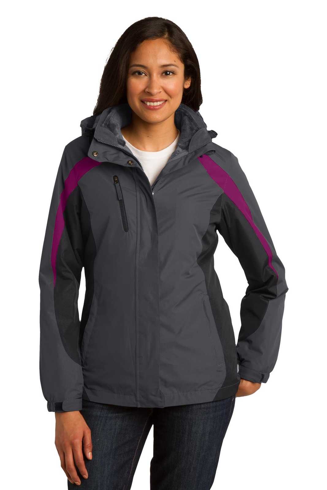 Port Authority L321 Ladies Colorblock 3-in-1 Jacket - Magnet Black Very Berry - HIT a Double - 1