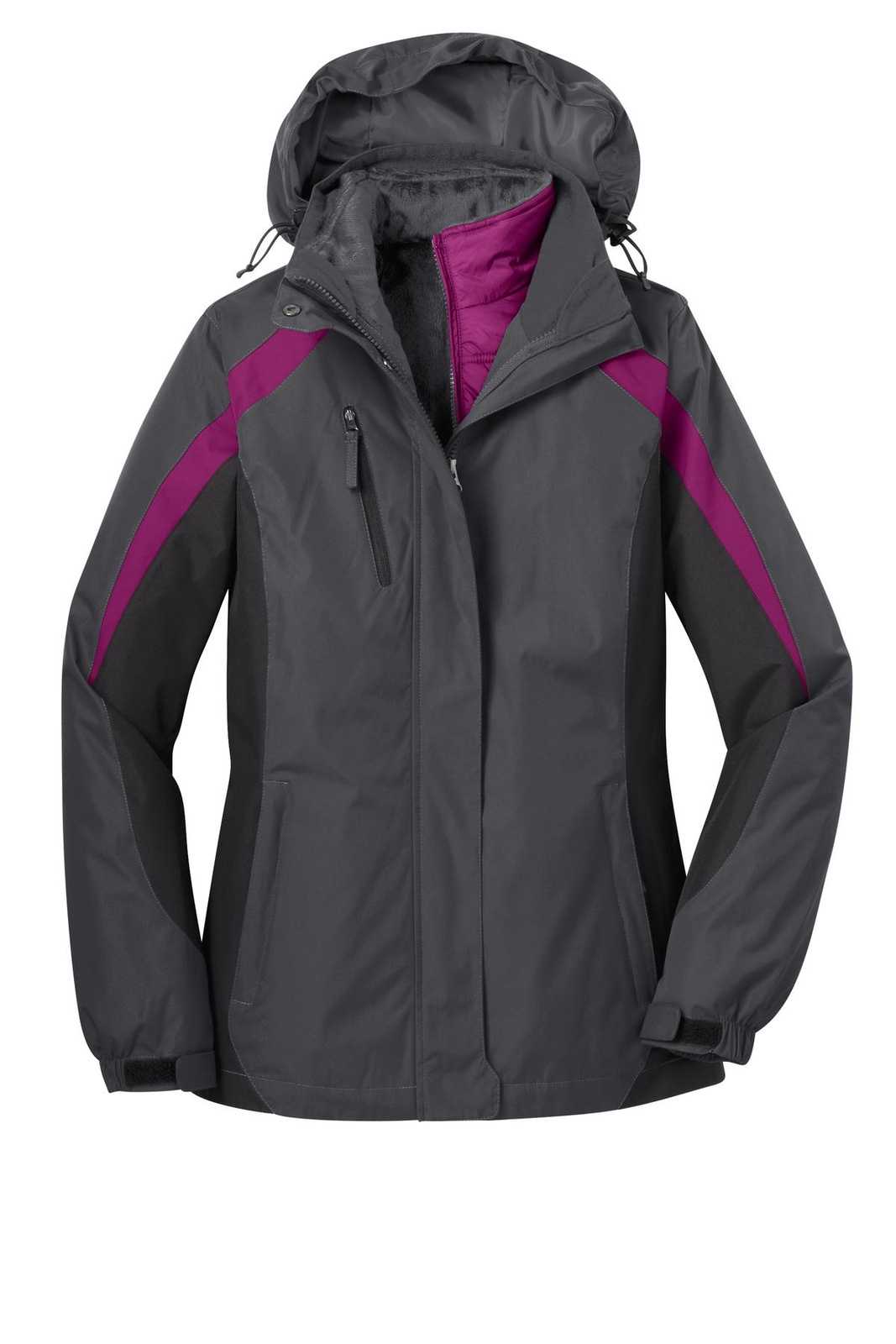 Port Authority L321 Ladies Colorblock 3-in-1 Jacket - Magnet Black Very Berry - HIT a Double - 5
