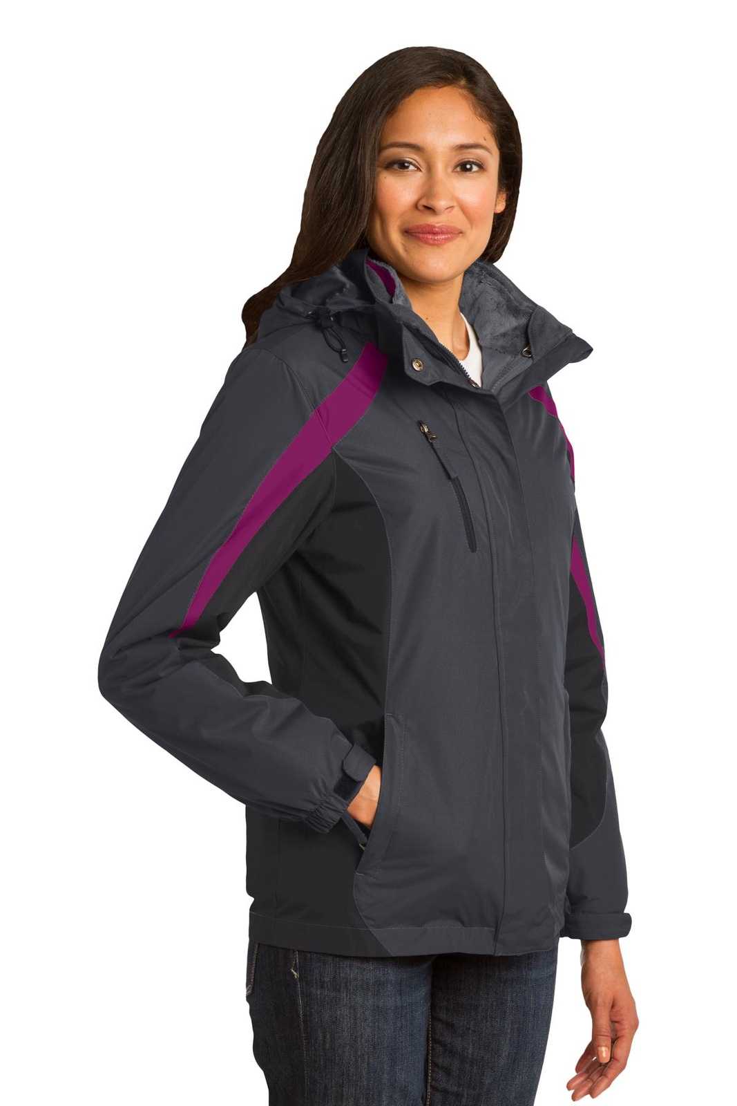 Port Authority L321 Ladies Colorblock 3-in-1 Jacket - Magnet Black Very Berry - HIT a Double - 4