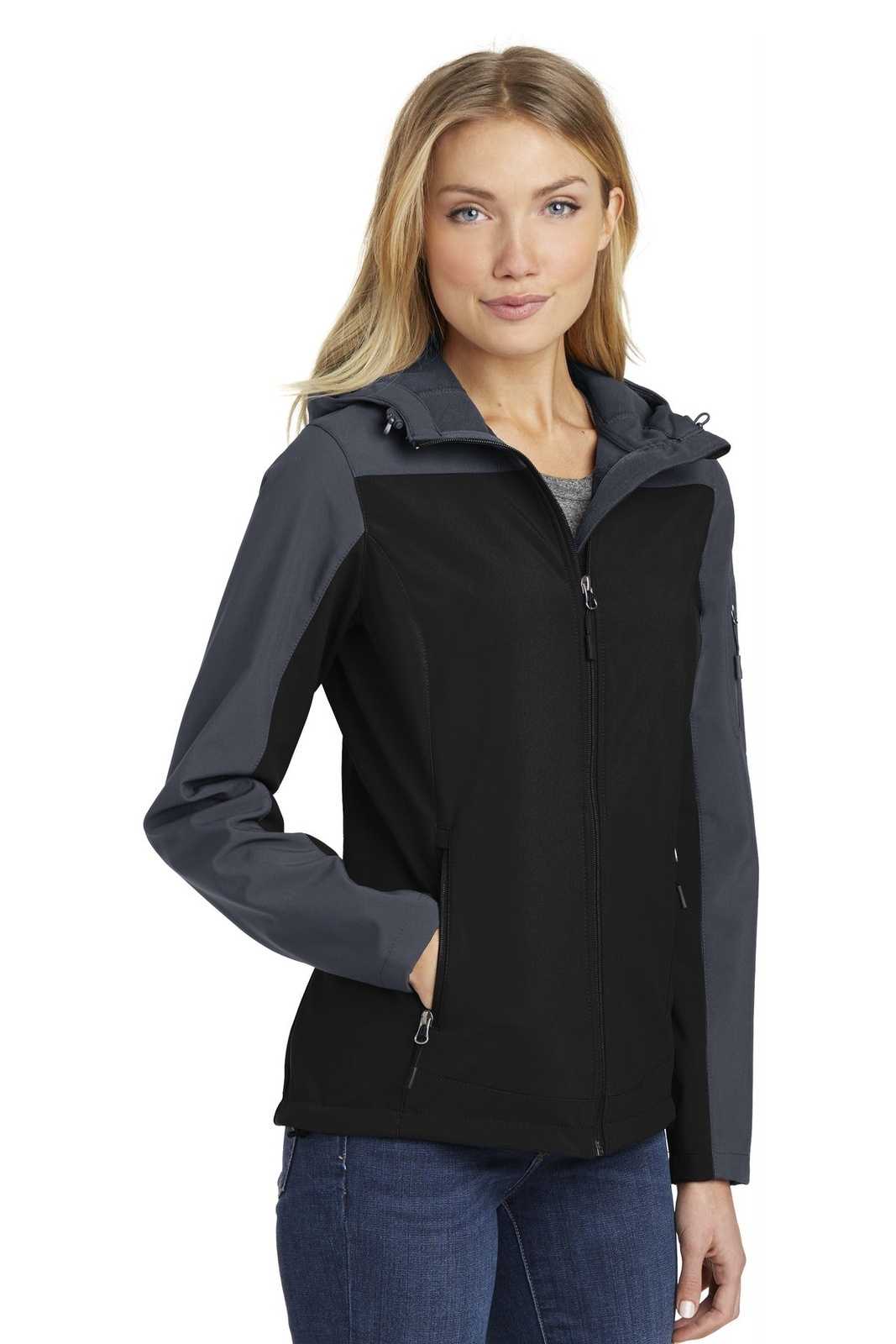 Port Authority L335 Ladies Hooded Core Soft Shell Jacket - Black Battleship Gray - HIT a Double - 4