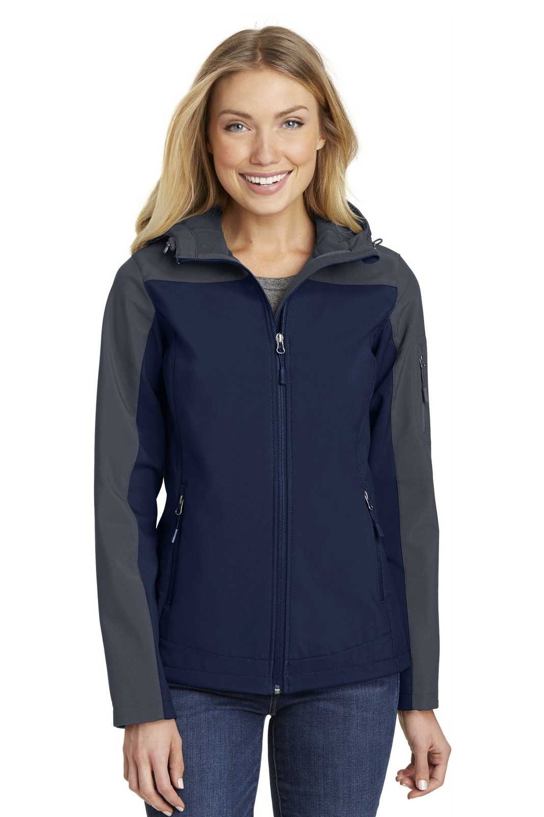 Port Authority L335 Ladies Hooded Core Soft Shell Jacket - Dress Blue Navy Battleship Gray - HIT a Double - 1