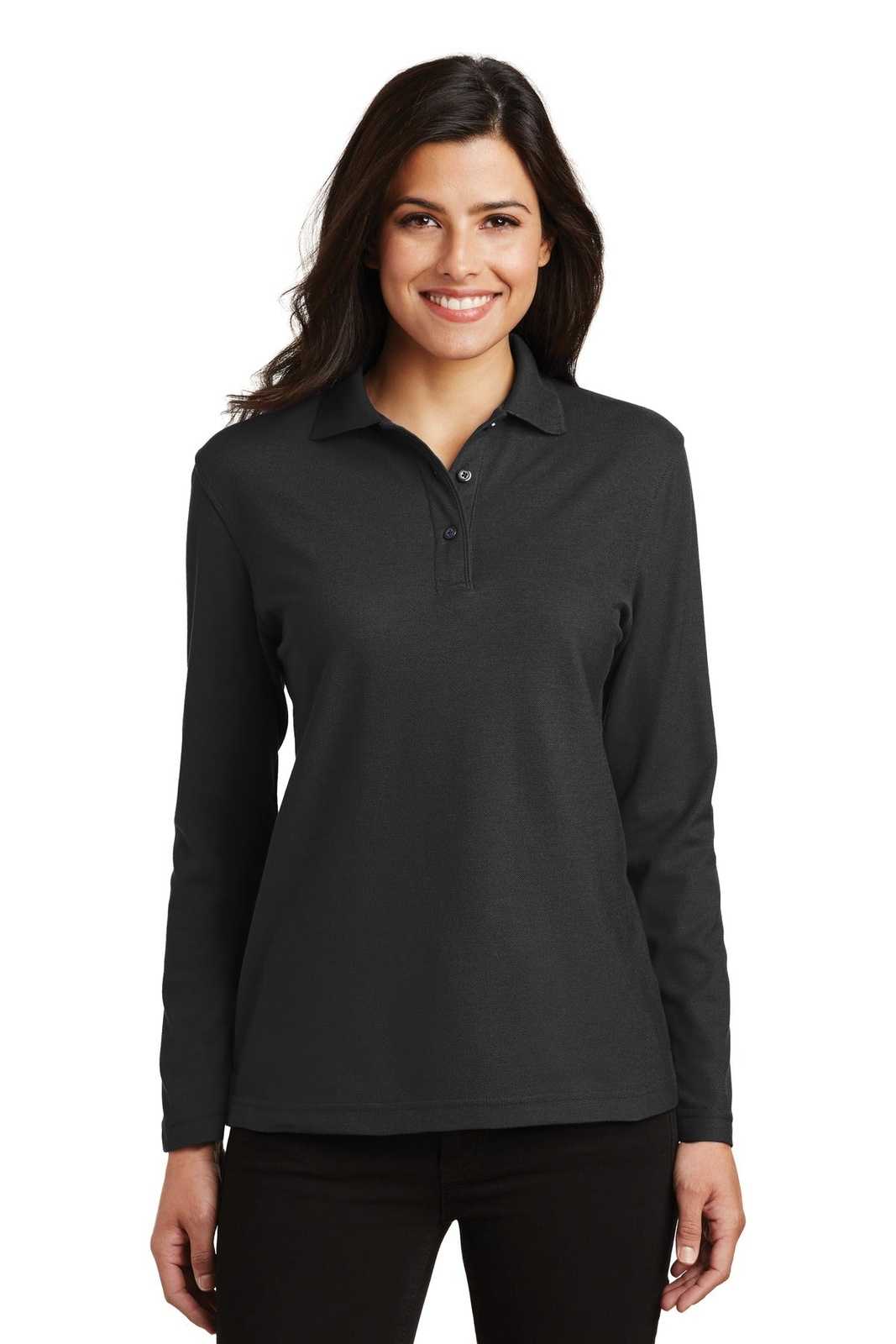 Port Authority L500LS Ladies Silk Touch Long Sleeve Polo - Black - HIT a Double - 1