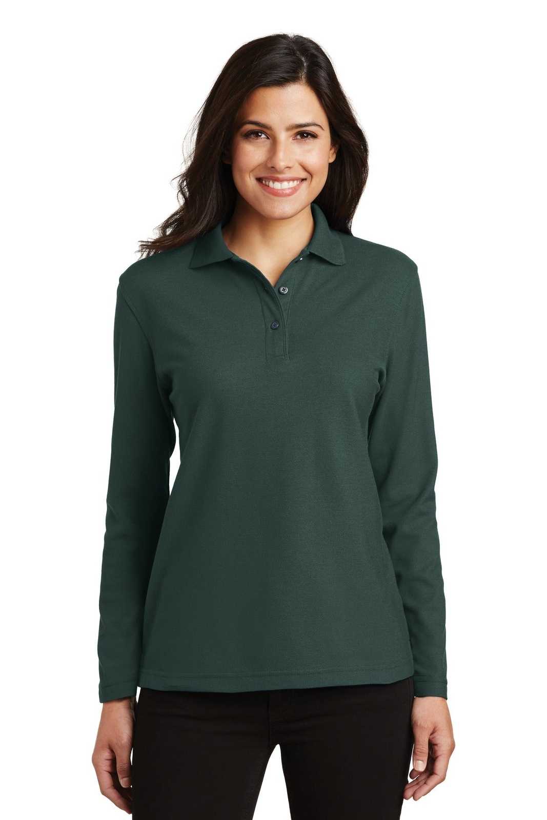 Port Authority L500LS Ladies Silk Touch Long Sleeve Polo - Dark Green - HIT a Double - 1
