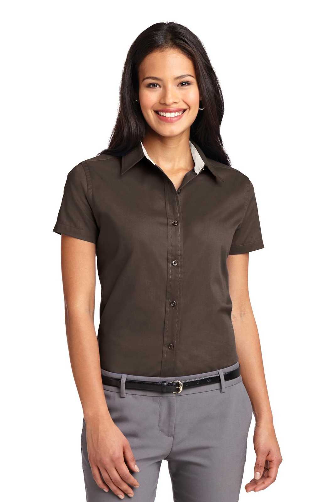 Port Authority L508 Ladies Short Sleeve Easy Care Shirt - Coffee Bean Light Stone - HIT a Double - 1