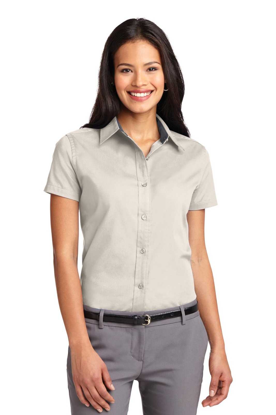 Port Authority L508 Ladies Short Sleeve Easy Care Shirt - Light Stone Classic Navy - HIT a Double - 1