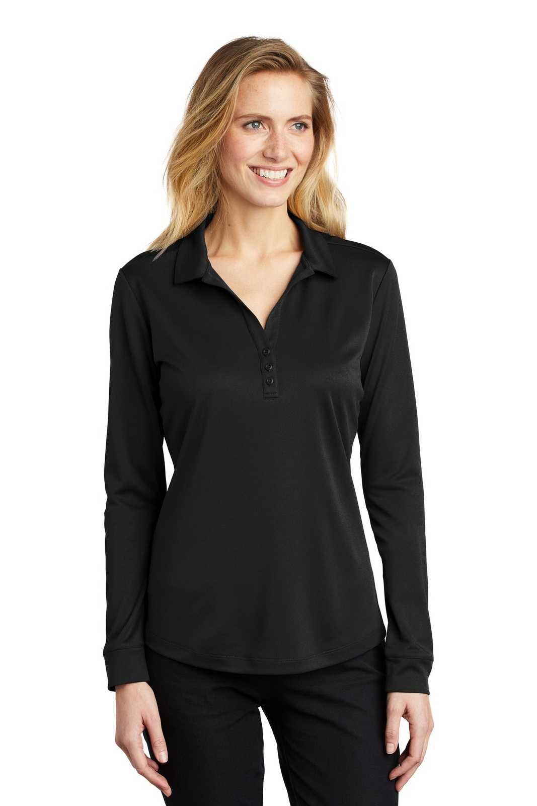 Port Authority L540LS Ladies Silk Touch Performance Long Sleeve Polo - Black - HIT a Double - 1