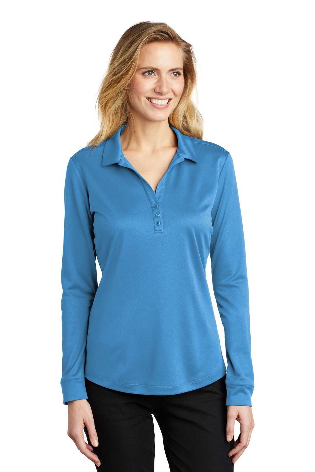 Port Authority L540LS Ladies Silk Touch Performance Long Sleeve Polo - Carolina Blue - HIT a Double - 1