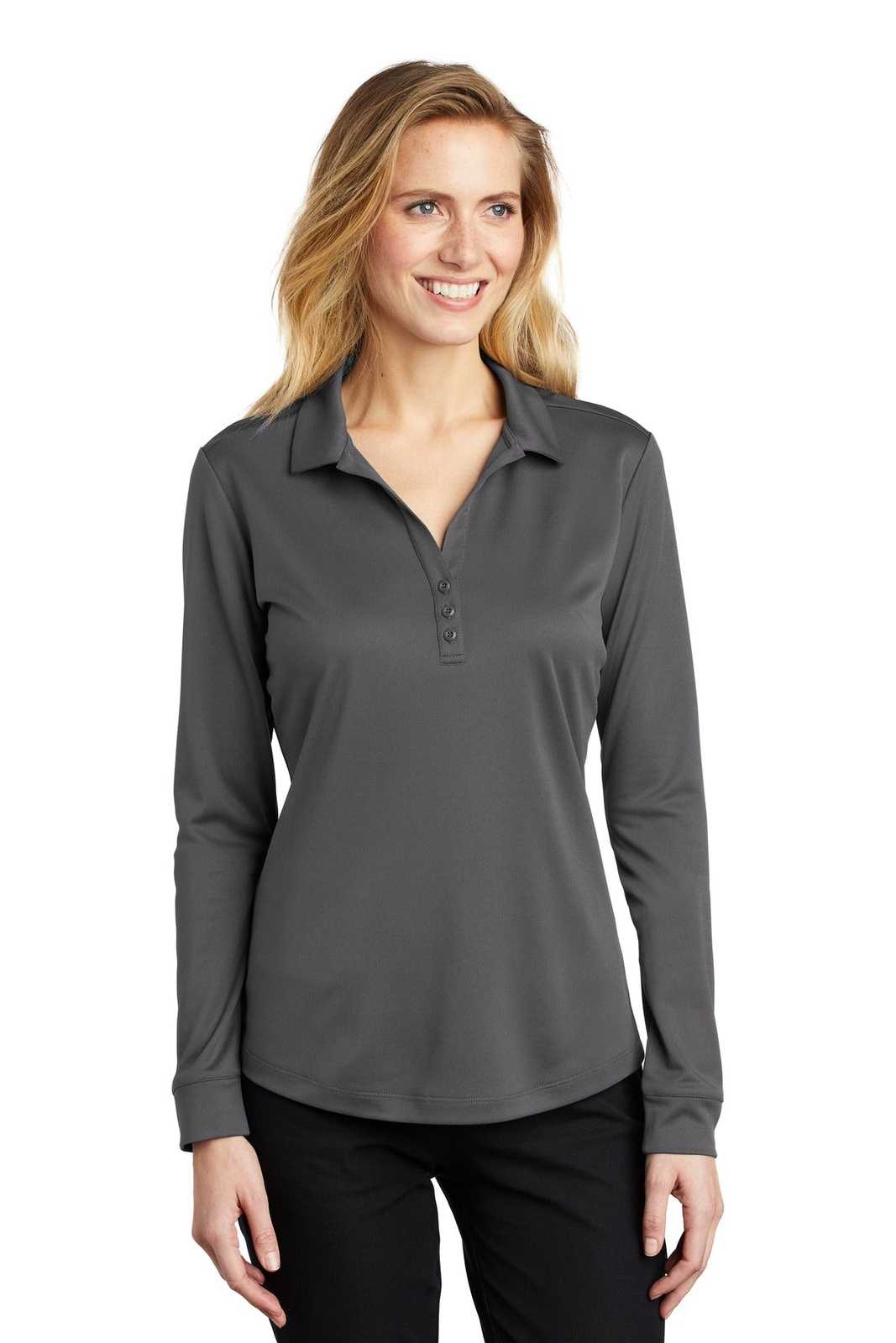 Port Authority L540LS Ladies Silk Touch Performance Long Sleeve Polo - Steel Gray - HIT a Double - 1