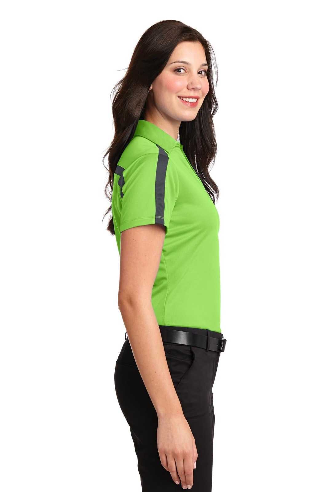 Port Authority L547 Ladies Silk Touch Performance Colorblock Stripe Polo - Lime Steel Gray - HIT a Double - 3