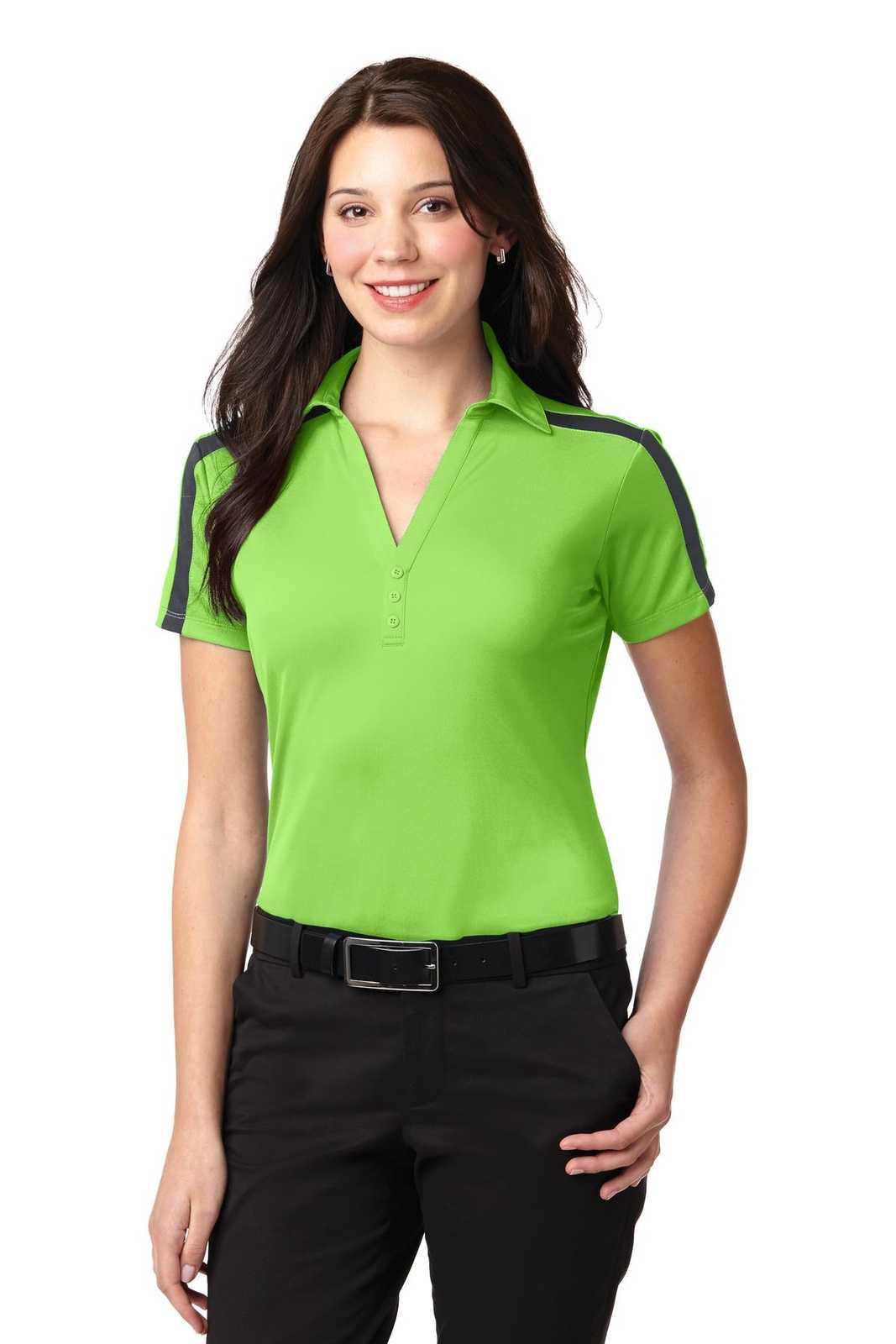 Port Authority L547 Ladies Silk Touch Performance Colorblock Stripe Polo - Lime Steel Gray - HIT a Double - 1