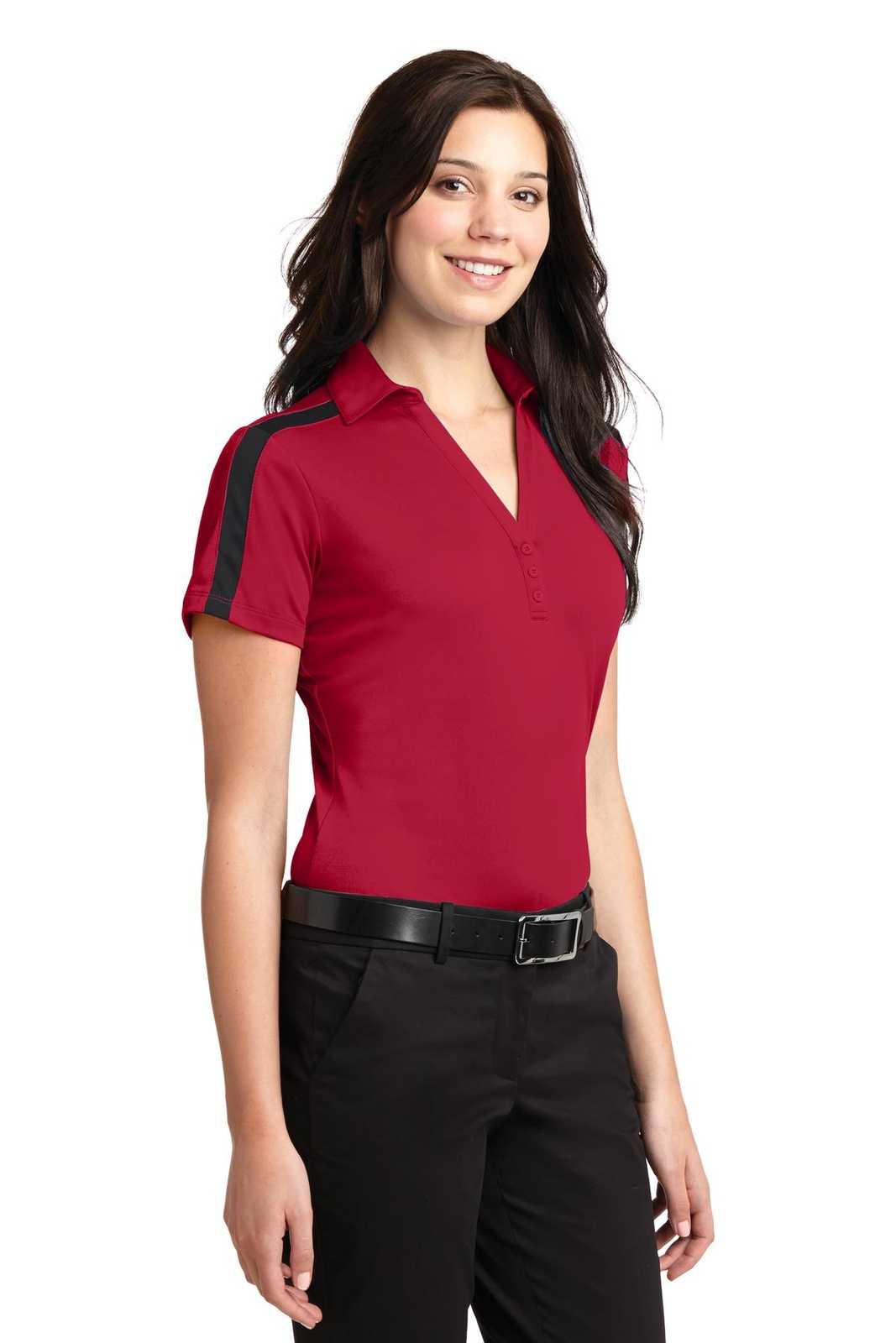 Port Authority L547 Ladies Silk Touch Performance Colorblock Stripe Polo - Red Black - HIT a Double - 4