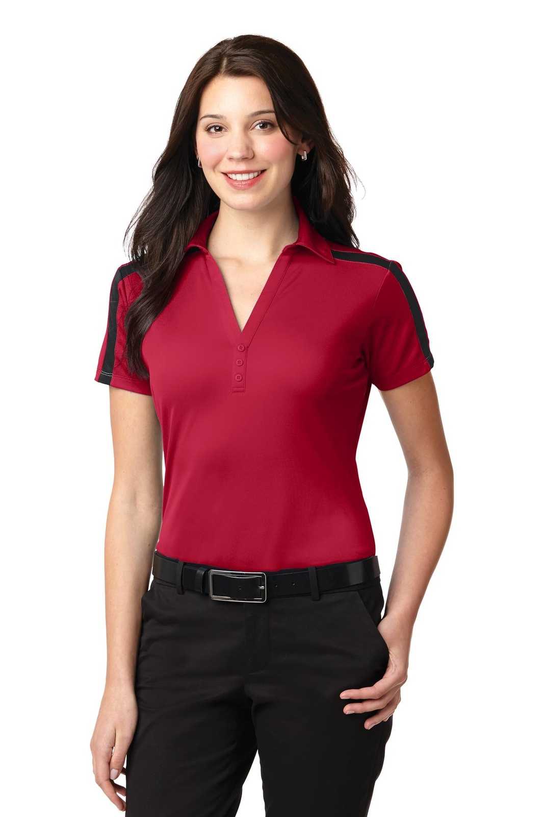 Port Authority L547 Ladies Silk Touch Performance Colorblock Stripe Polo - Red Black - HIT a Double - 1