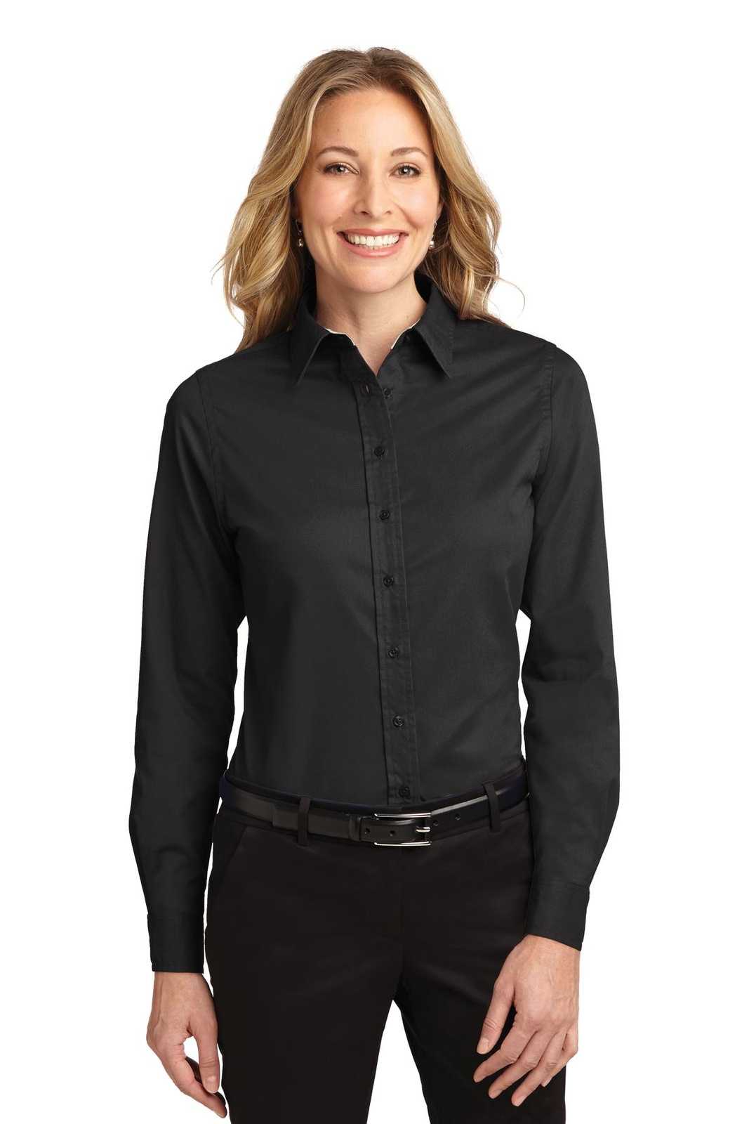 Port Authority L608 Ladies Long Sleeve Easy Care Shirt - Black Light Stone - HIT a Double - 1
