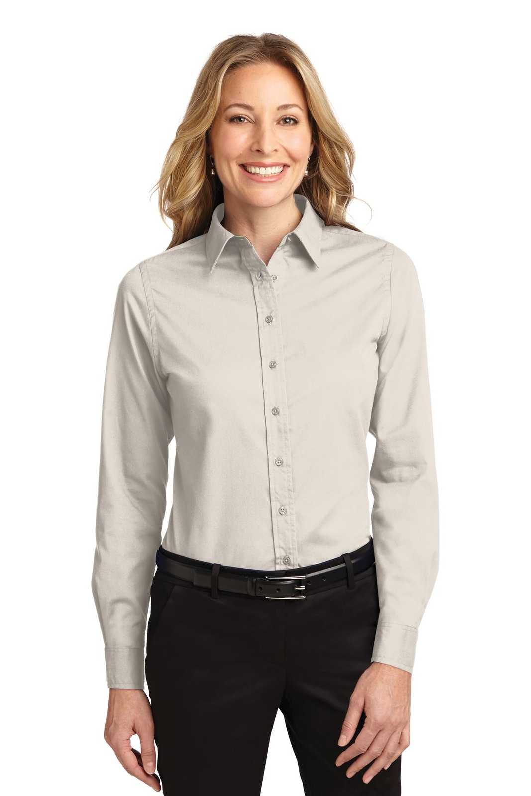 Port Authority L608 Ladies Long Sleeve Easy Care Shirt - Light Stone Classic Navy - HIT a Double - 1