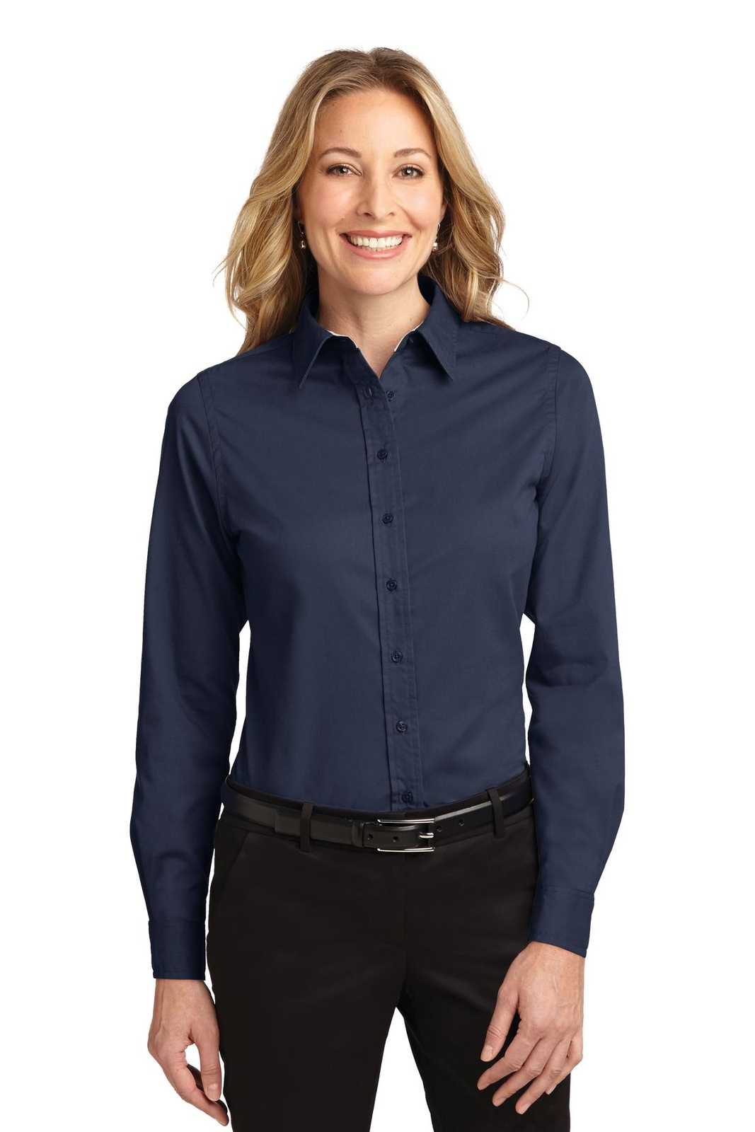 Port Authority L608 Ladies Long Sleeve Easy Care Shirt - Navy Light Stone - HIT a Double - 1